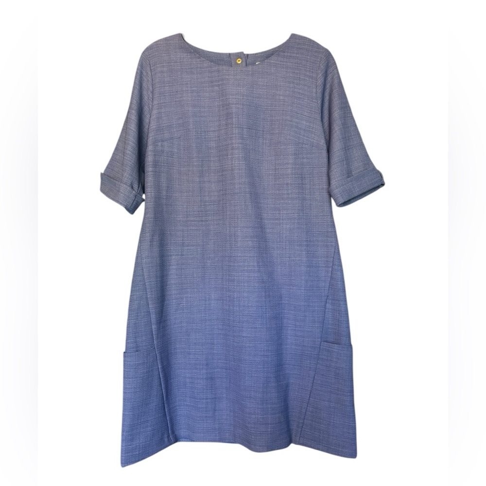 Esta Line Women's Crew Neck Blue Shift Dress Gold Button Detail Short Sleeve 8